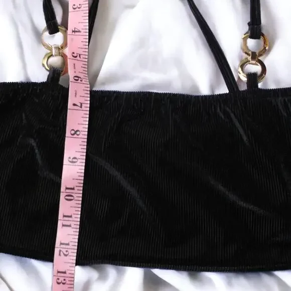 Boohoo Black Ribbed Velour Spaghetti Straps Bandeau Crop Top ~ size 8, Pre-loved - Picture 4 of 10